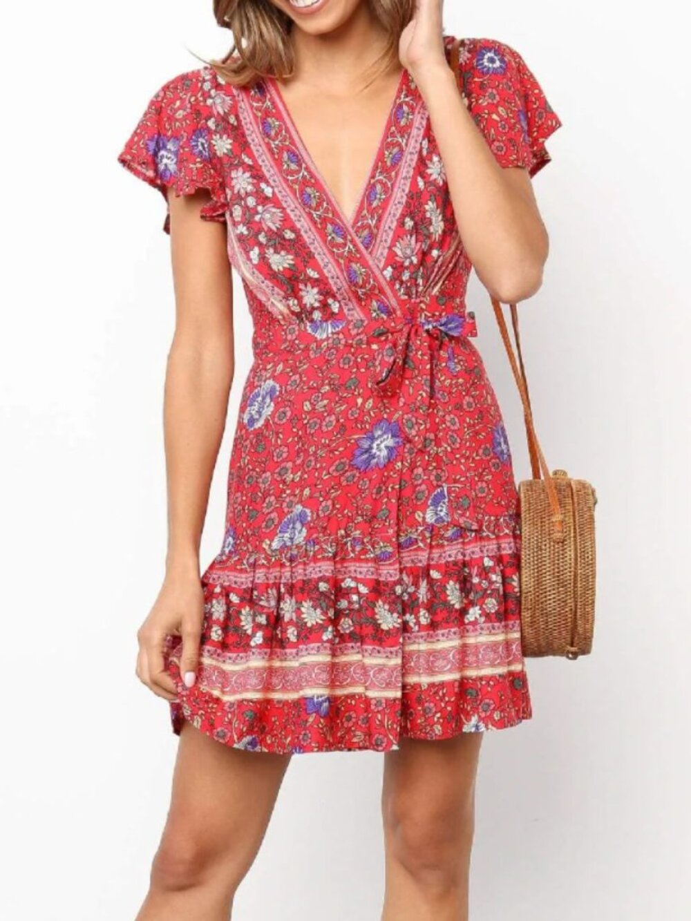 Zesica Wrap Dress Medium Red Floral Mini Flutter Sleeve Boho Feminine Summer